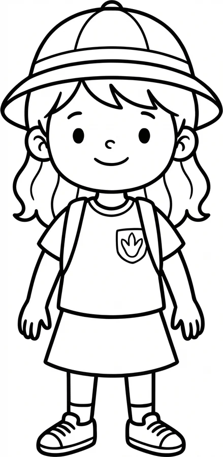 Desenho em traço de uma menina personagem, pronto para colorir